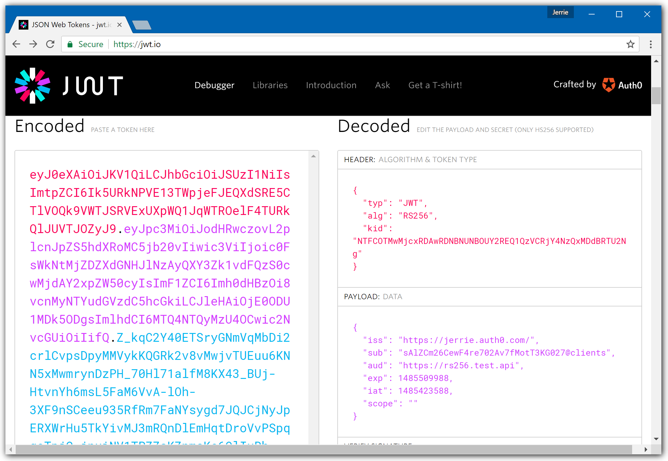 Debugging a JWT on JWT.io